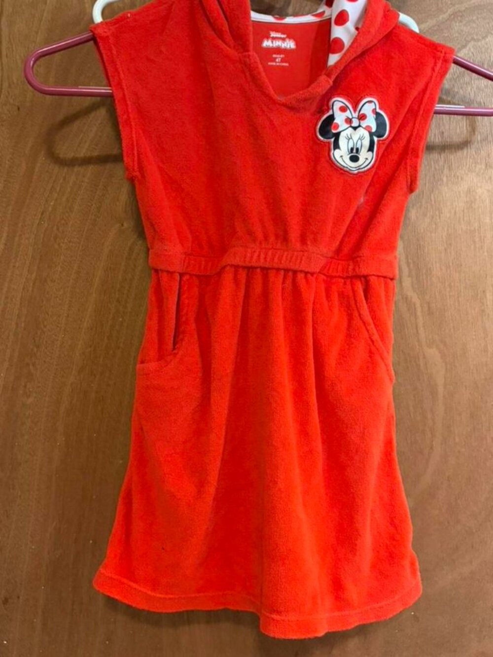 Disney Minnie Mouse red cover up dress with hood and bow. Size: 4 years